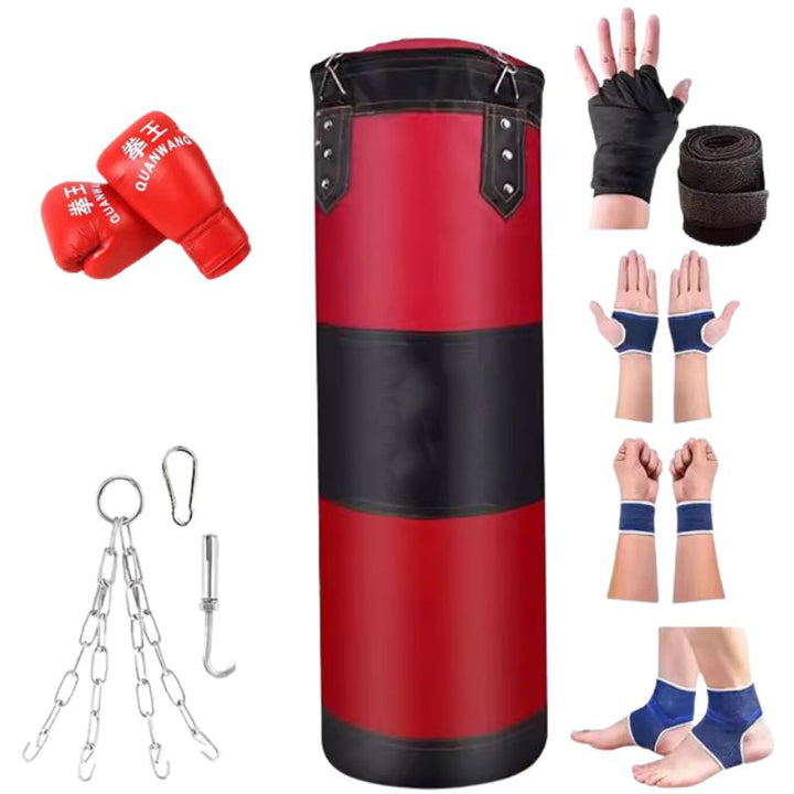 Premium Heavy Punching Sandbag – Durable Boxing Bag with Metal Chain Hook – Kick, Karate, Taekwondo Training – Includes Boxing Gloves, Wrist & Foot Guards, Shock-Absorbing Foam