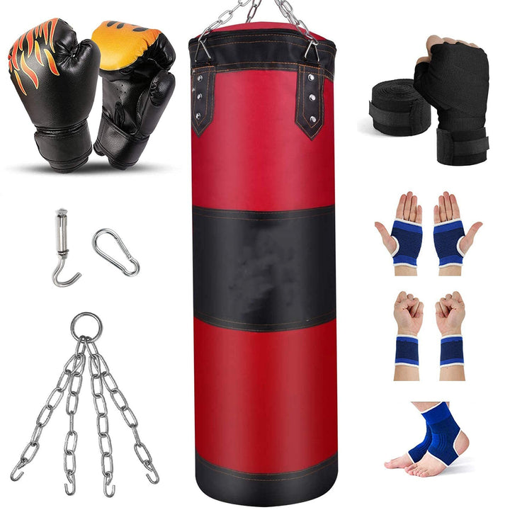 Premium Heavy Punching Sandbag – Durable Boxing Bag with Metal Chain Hook – Kick, Karate, Taekwondo Training – Includes Boxing Gloves, Wrist & Foot Guards, Shock-Absorbing Foam