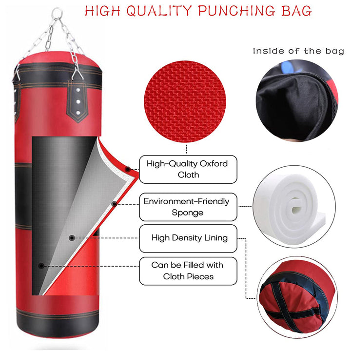 Premium Heavy Punching Sandbag – Durable Boxing Bag with Metal Chain Hook – Kick, Karate, Taekwondo Training – Includes Boxing Gloves, Wrist & Foot Guards, Shock-Absorbing Foam
