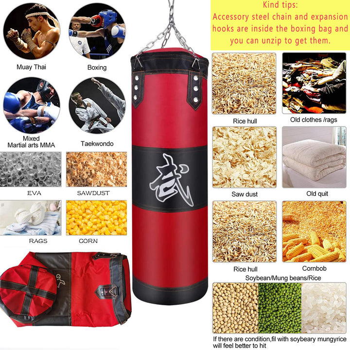 Premium Heavy Punching Sandbag – Durable Boxing Bag with Metal Chain Hook – Kick, Karate, Taekwondo Training – Includes Boxing Gloves, Wrist & Foot Guards, Shock-Absorbing Foam