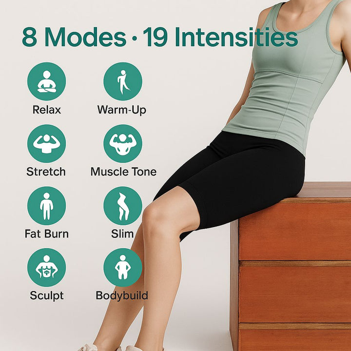 Woman in workout attire with fitness mode icons on a light background