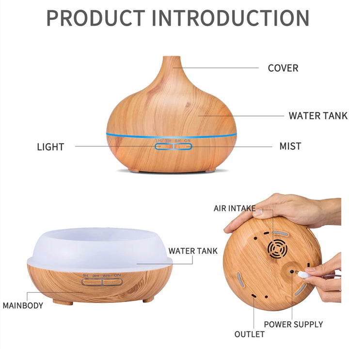 Premium 550ml Wood Grain USB Aroma Diffuser, Essential Oil Humidifier with 7 LED Colors & Remote Control