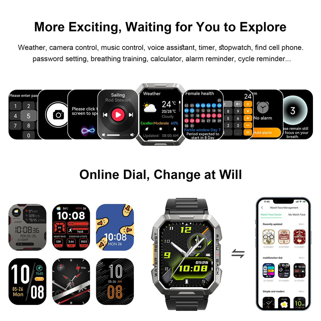 Premium Rugged Smartwatch for Outdoor – 2.01" HD TFT Display, Bluetooth Calling, 900mAh Battery, Heart Rate & Blood Oxygen Monitor, Emergency Lighting, Waterproof, Fitness Tracker - StrengthXPhysiotherapy