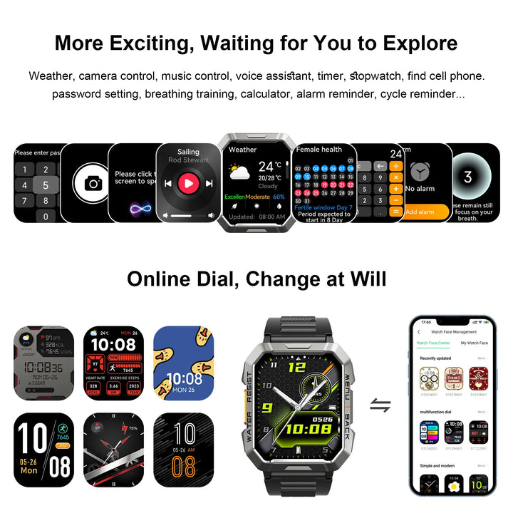 Premium Rugged Smartwatch for Outdoor – 2.01" HD TFT Display, Bluetooth Calling, 900mAh Battery, Heart Rate & Blood Oxygen Monitor, Emergency Lighting, Waterproof, Fitness Tracker - StrengthXPhysiotherapy