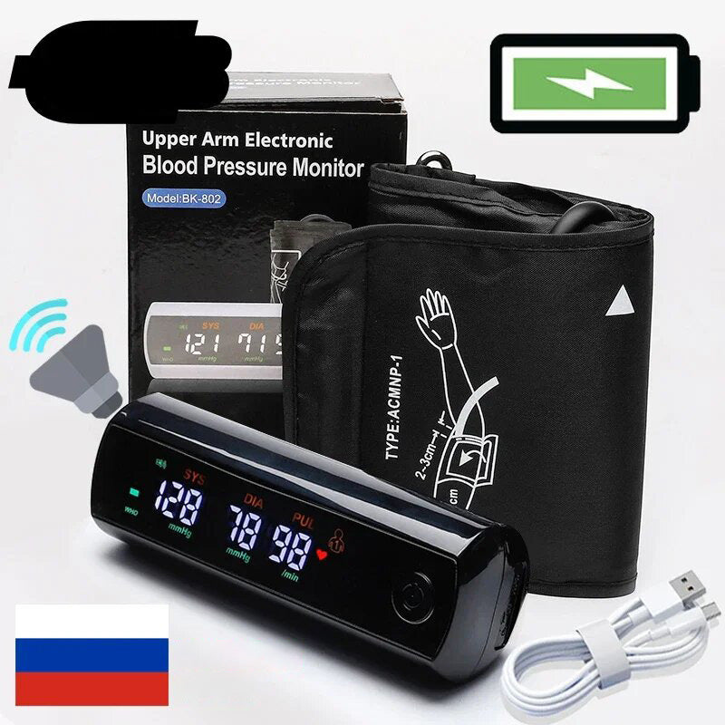 Premium Rechargeable Blood Pressure Monitor – Large LCD Screen, Russian Voice, Digital Arm Sphygmomanometer, LI-ION 