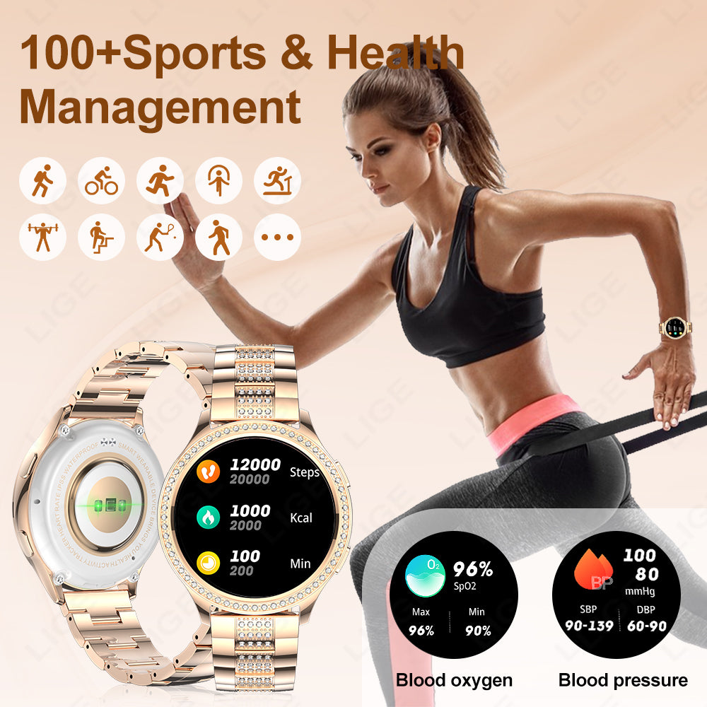Premium Fashion Smartwatch for Women, 1.04" AMOLED Screen, Bluetooth Call, Metal Body, IP68 Waterproof, Heart Rate, Music 