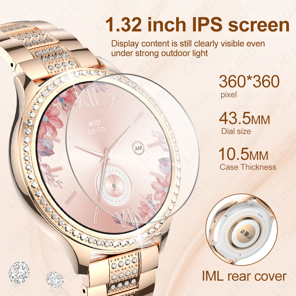 Premium Fashion Smartwatch for Women, 1.04" AMOLED Screen, Bluetooth Call, Metal Body, IP68 Waterproof, Heart Rate, Music 