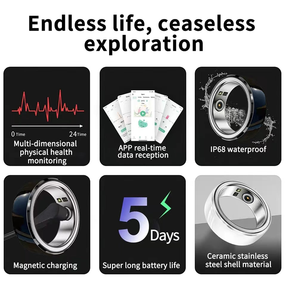 Premium Smart Fitness Ring with Charging Case - Heart Rate, Sleep & Health Monitoring, Blood Oxygen Detection, IPX8 