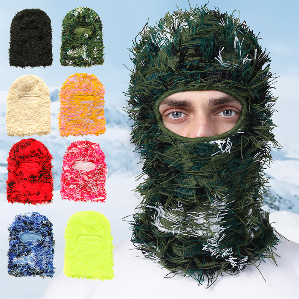 Premium Hip Hop Balaclava Beanie – Distressed Knit Ski Mask for Women, Camouflage Fuzzy Full Face Ski Hat, Outdoor Winter 
