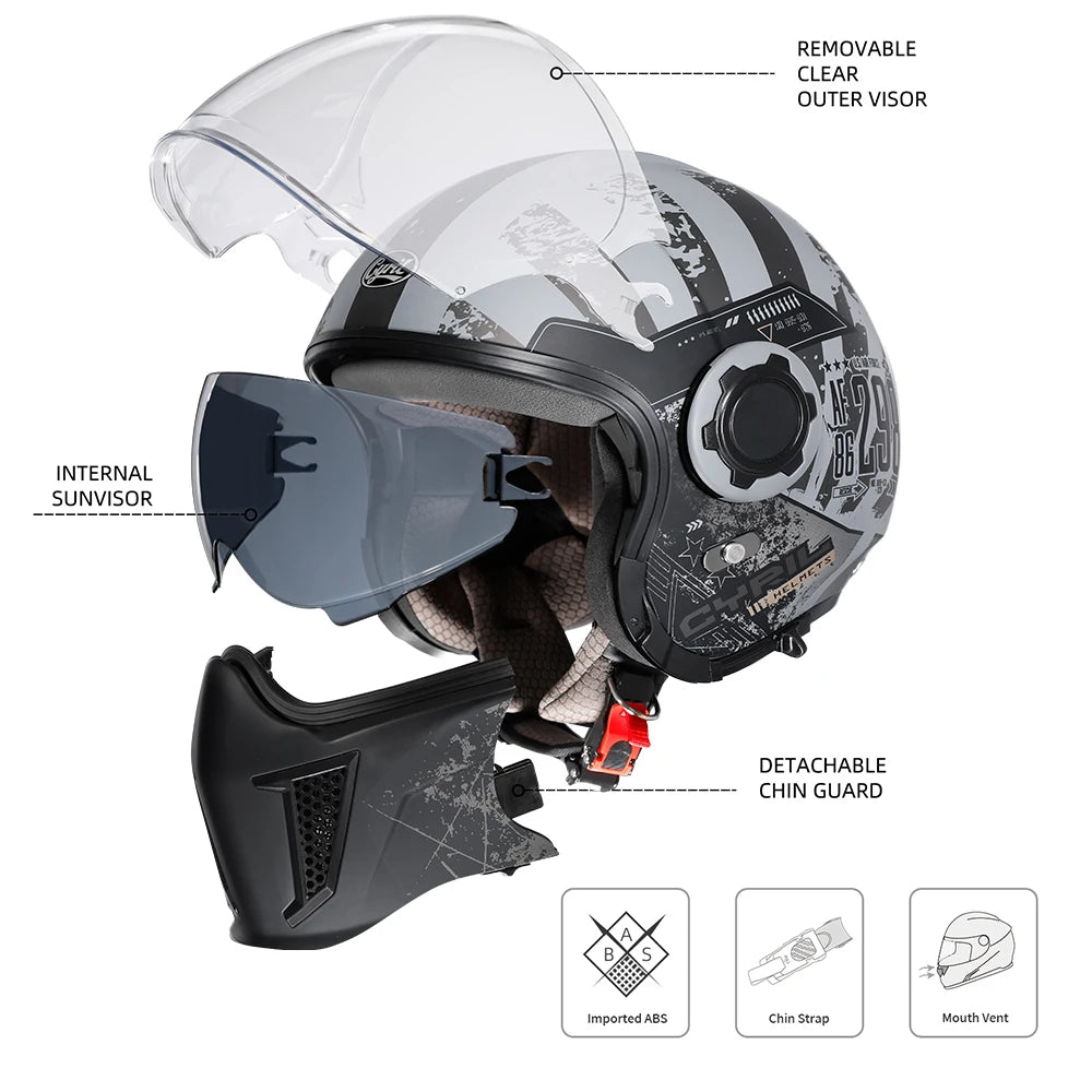 Premium Modular Motorcycle Helmet –Full Face & Open Face, Dual Lens, DOT ECE Approved, ABS Shell for Men & Women, Retro Style