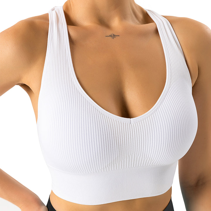 Premium Ribbed Seamless Sports Bra – Low-Medium Impact, Elastic, Breathable Fitness Top with Intricate Strap Design